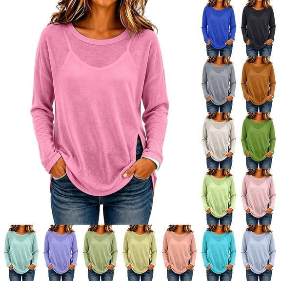 TAGOLD Womens Blouses & Shirts Solid Color Crew Neck Split Long Sleeve Loose Casual Sunscreen Top