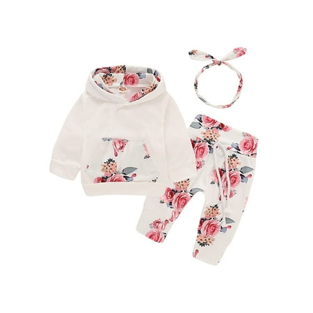

Kidcici Baby Girl Floral Hoodie Pants Headband Outfit 3Piece