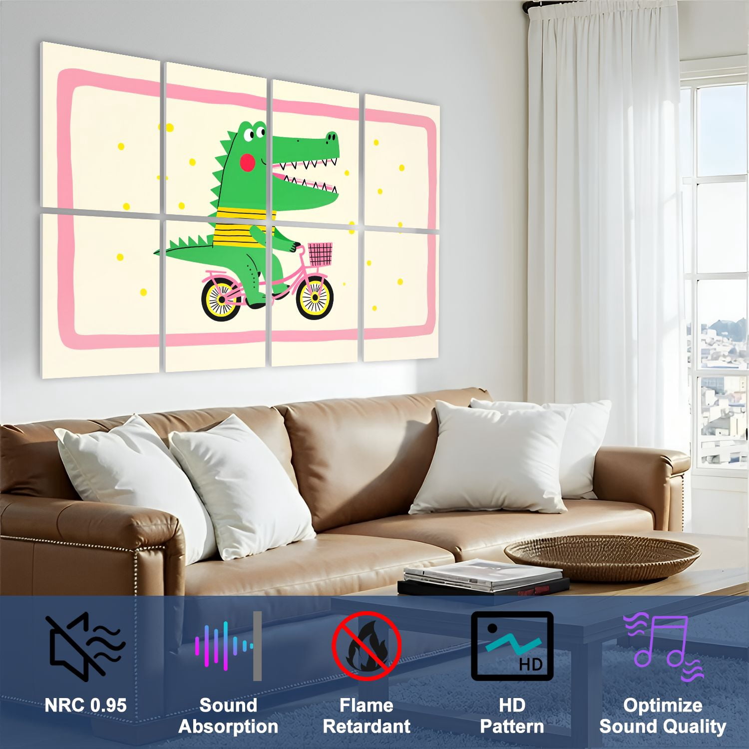 8 Pack Art Acoustic Panels Sound Absorbing Green Crocodile Riding Pink Decorative Soundproof Wall Panels Self Adhesive for Nursery Game Room Bedroom 48"x32"