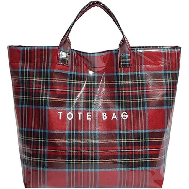 Sac Fourre-Tout en PVC à Carreaux Rouges de Noël pour Femmes, Grand Sac à Main en Plastique avec Impression de Lettres, Sac de Travail Spacieux, Cadeau de Noël