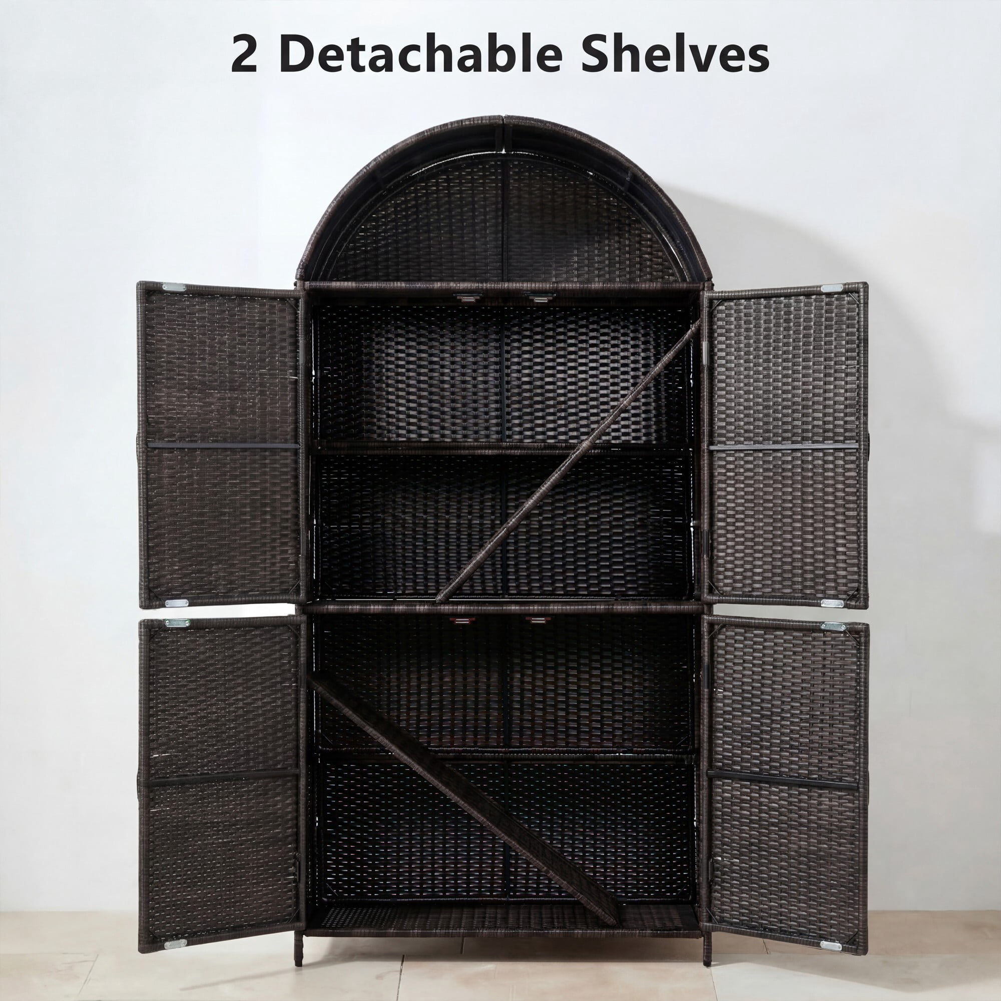 AENKYO 72" Arched Wicker Outdoor Storage Cabinet, Vertical Poolside Towel Holder & Rattan Garden Shed, Black & Brown