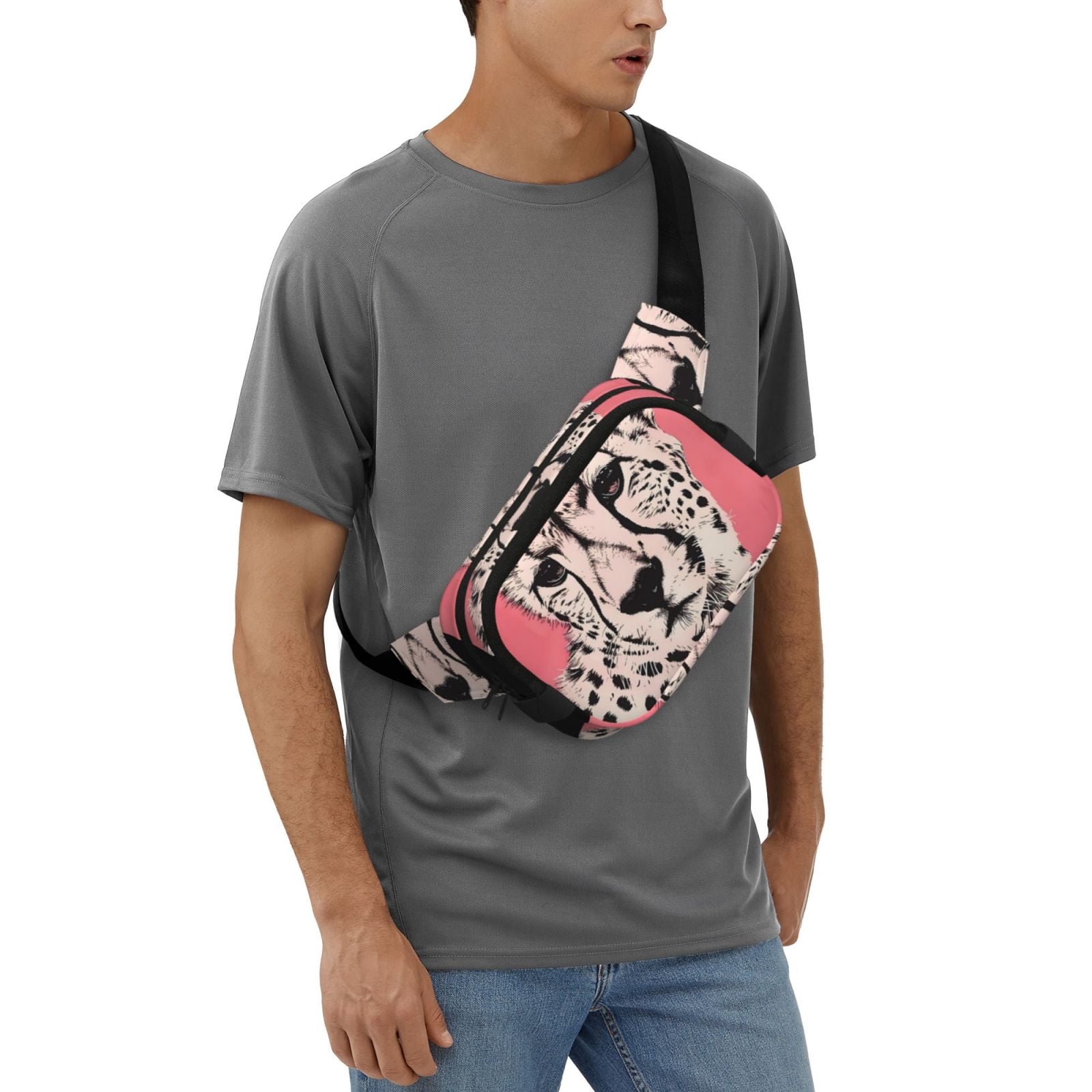 Ratiio Pink Cheetah Art Pattern Square Double Layer Waist Bag, Durable Twill Fabric Waist Pack with Adjustable Belt,Outdoor Hiking, Running, Travel Waist Bag