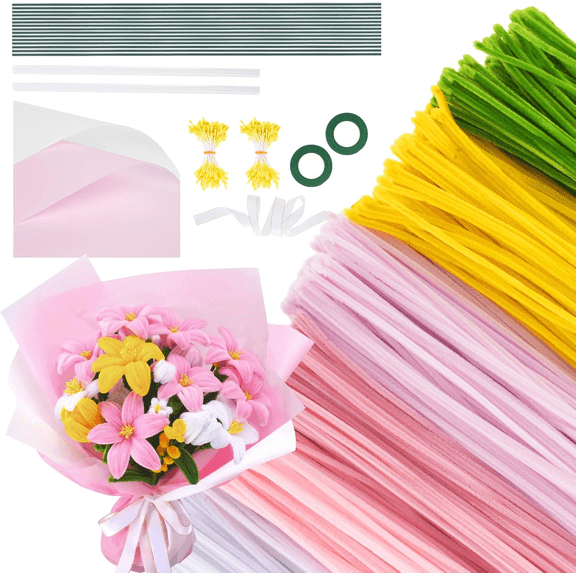 YEyangqi 600PCS Pipe Cleaners Craft，6 Colors Chenille Stems Flower Making Kit with Floral Wires, Gardening Tape, Stamen, Floral Wrapping Paper and Ribbon for Art and Craft Supplies