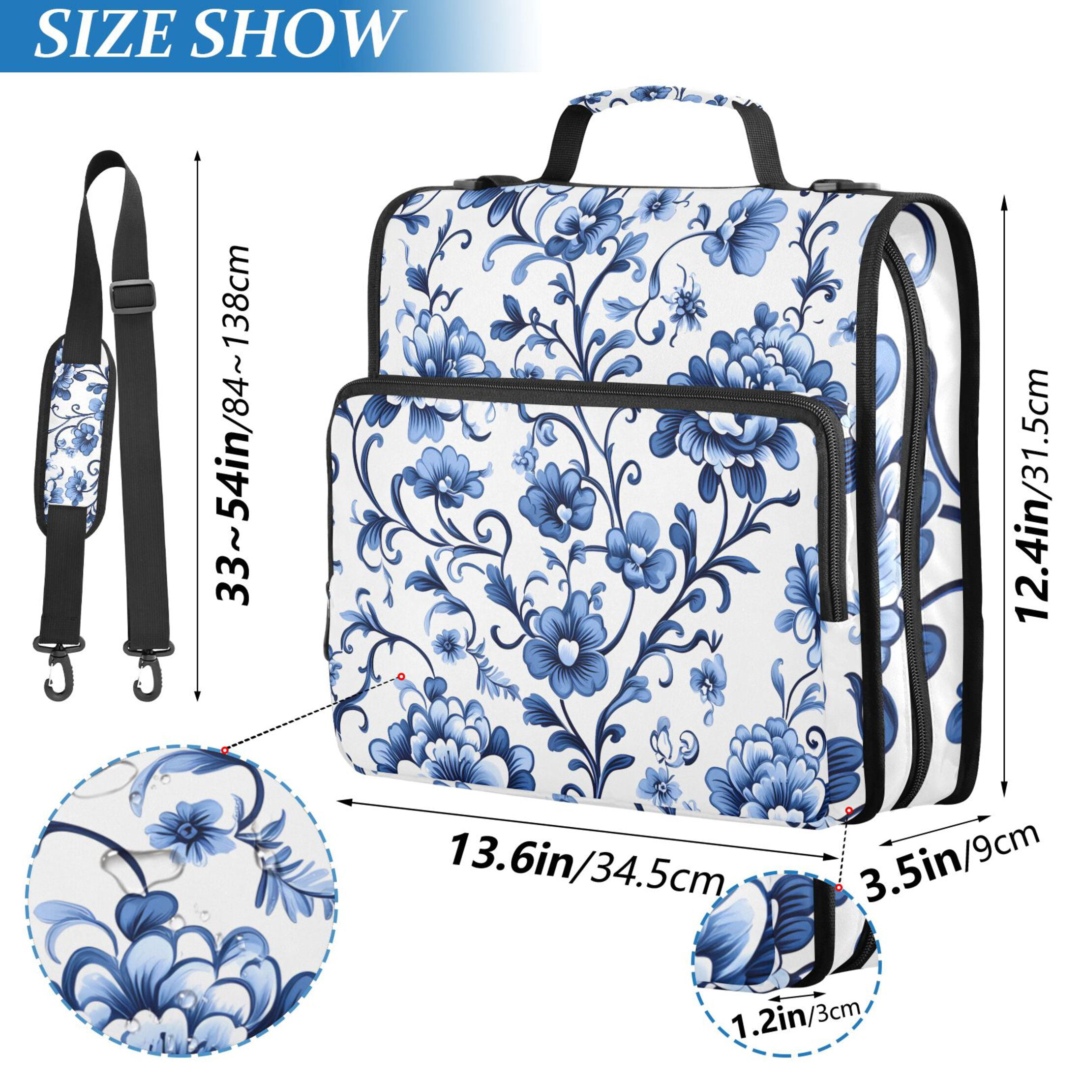 3 Ring Zipper Binder with Shoulder Strap Waterproof Trapper Keeper 1.5 Inch D-Ring 500 Sheets Capacity Floral with Blue Flowers