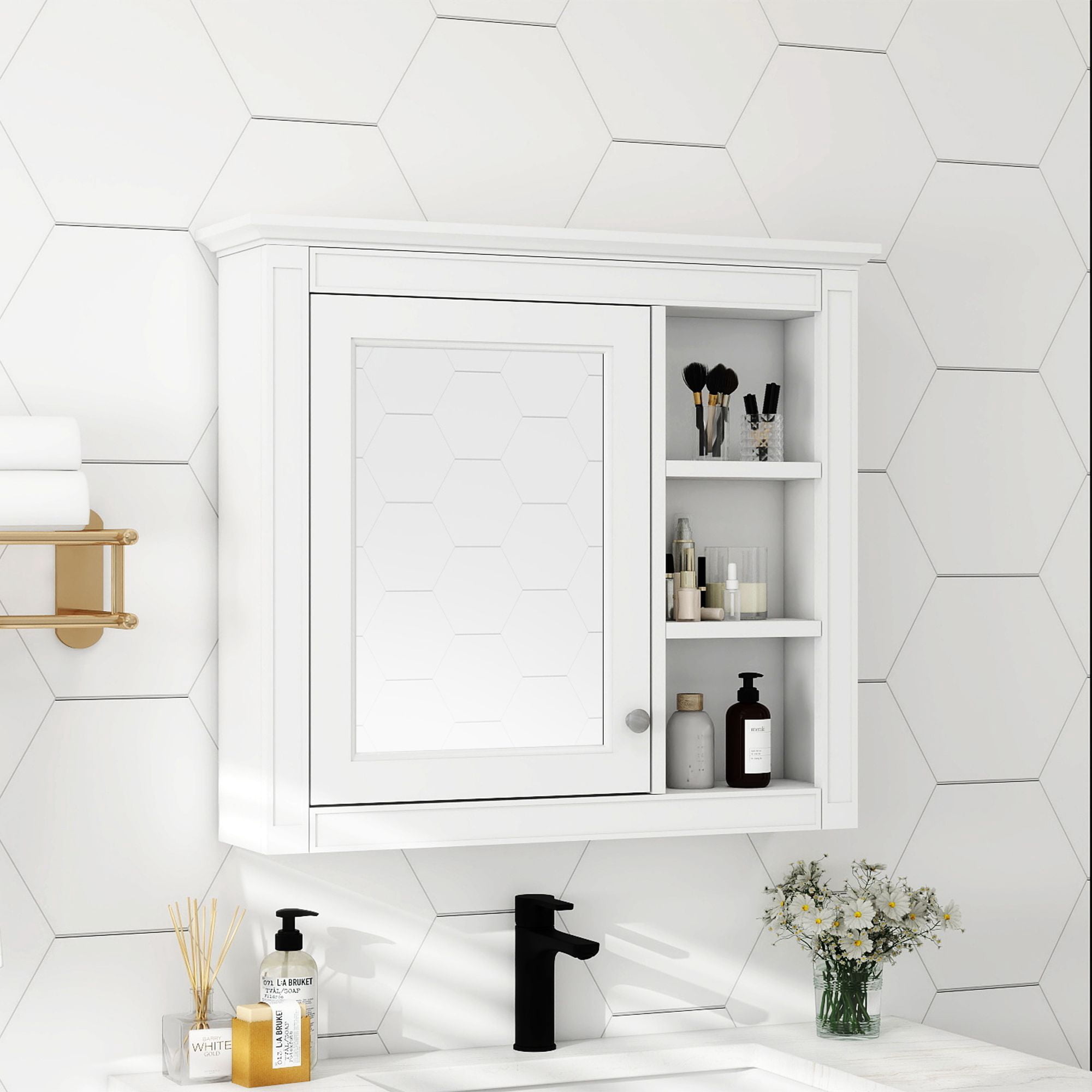 DEALTOPS Stylish Wall Mounted Bathroom Mirror Cabinet with Cabinet and Open Shelves, White