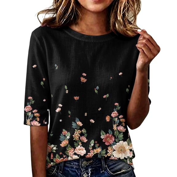 Domzest Womens Boho Floral Print Tops Elbow Length Crew Neck Lightweight Shirt Half Sleeve Summer Fall Loose Fit Tunic Tops Black XXL