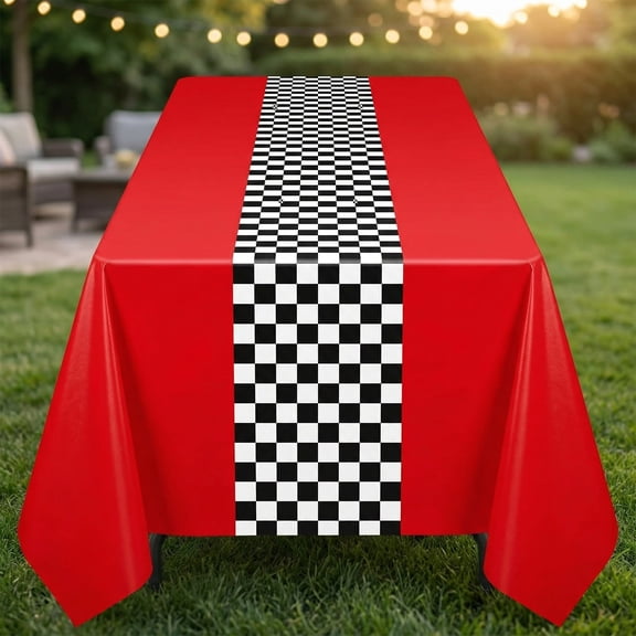 3-Piece Car Racing Tablecloth Set – Road Racetrack Design Birthday Party Supplies for Kids Boy Theme, 54 x 108 Inch Red Table Runner & Covers