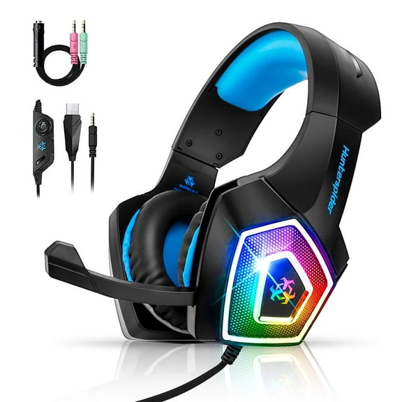 GLUAAE Gaming Headset with Mic LED Light On Ear Gaming Headphone PS4,3.5mm Wired Gaming Headset for PC Mac Laptop Gamer Headphone (Blue)