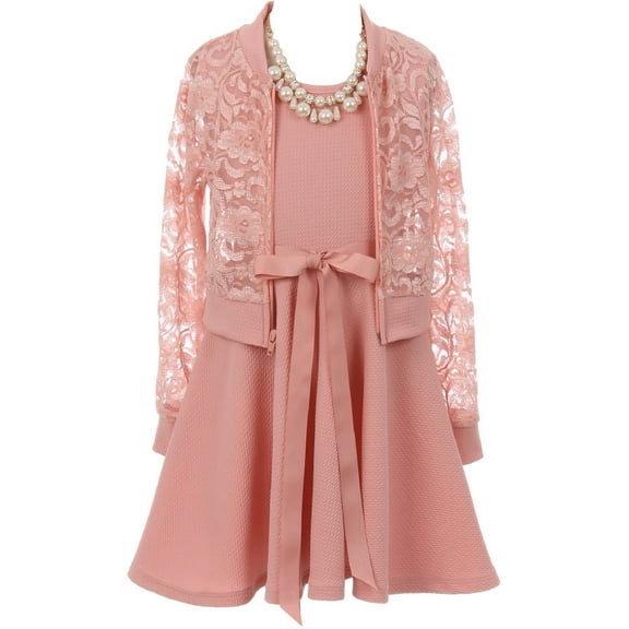 Little Girls Beautiful 3 Pieces Lace Jacket Dress Necklace Set Flower Girl Dress Rose 4 (2J0K9S6)