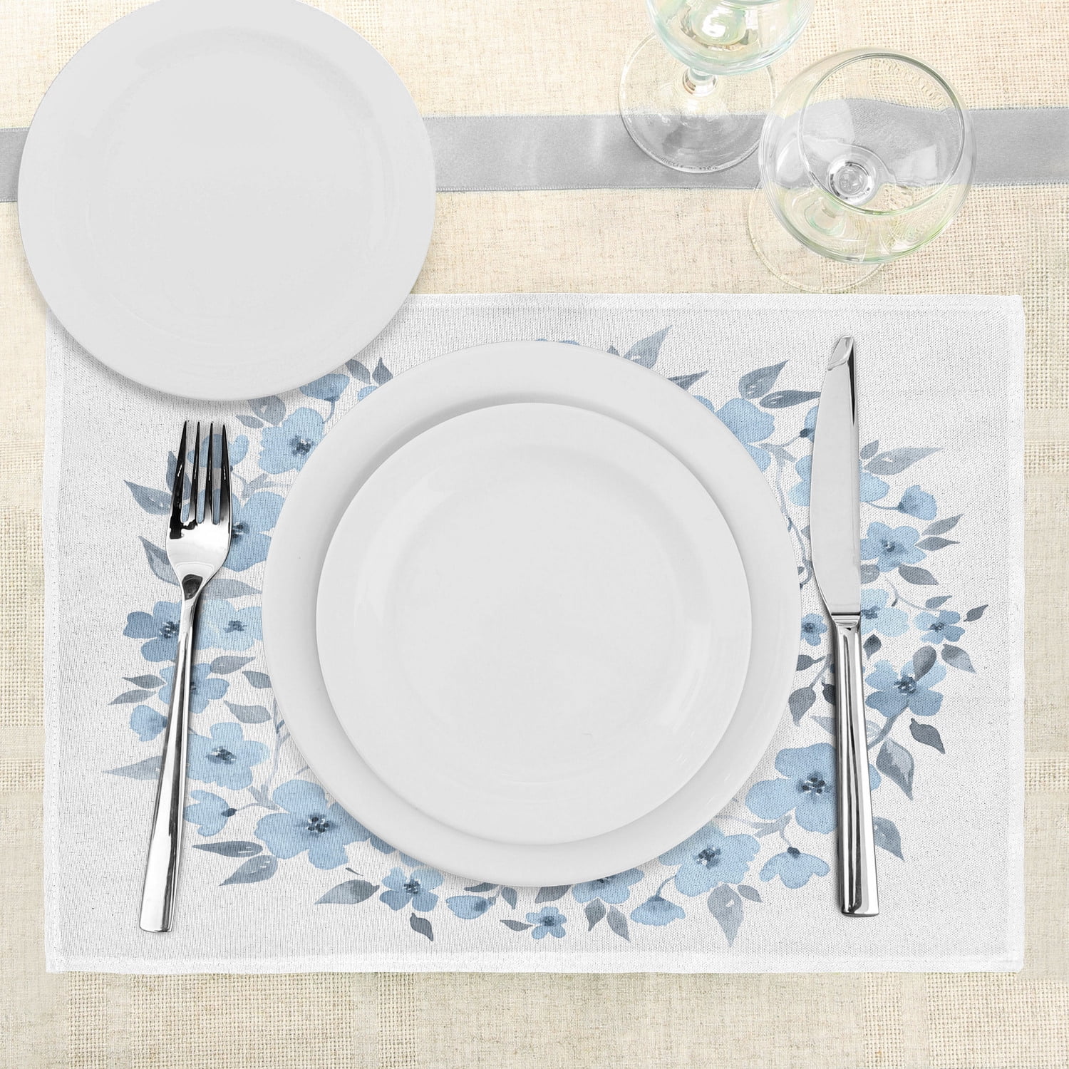 Ambesonne Watercolor Flower Place Mats Set of 4 Bunny Rabbit Portrait in Floral Wreath Illustration Country Style Blue Grey White Washable Fabric Placemats for Dining Room Kitchen Table Decor