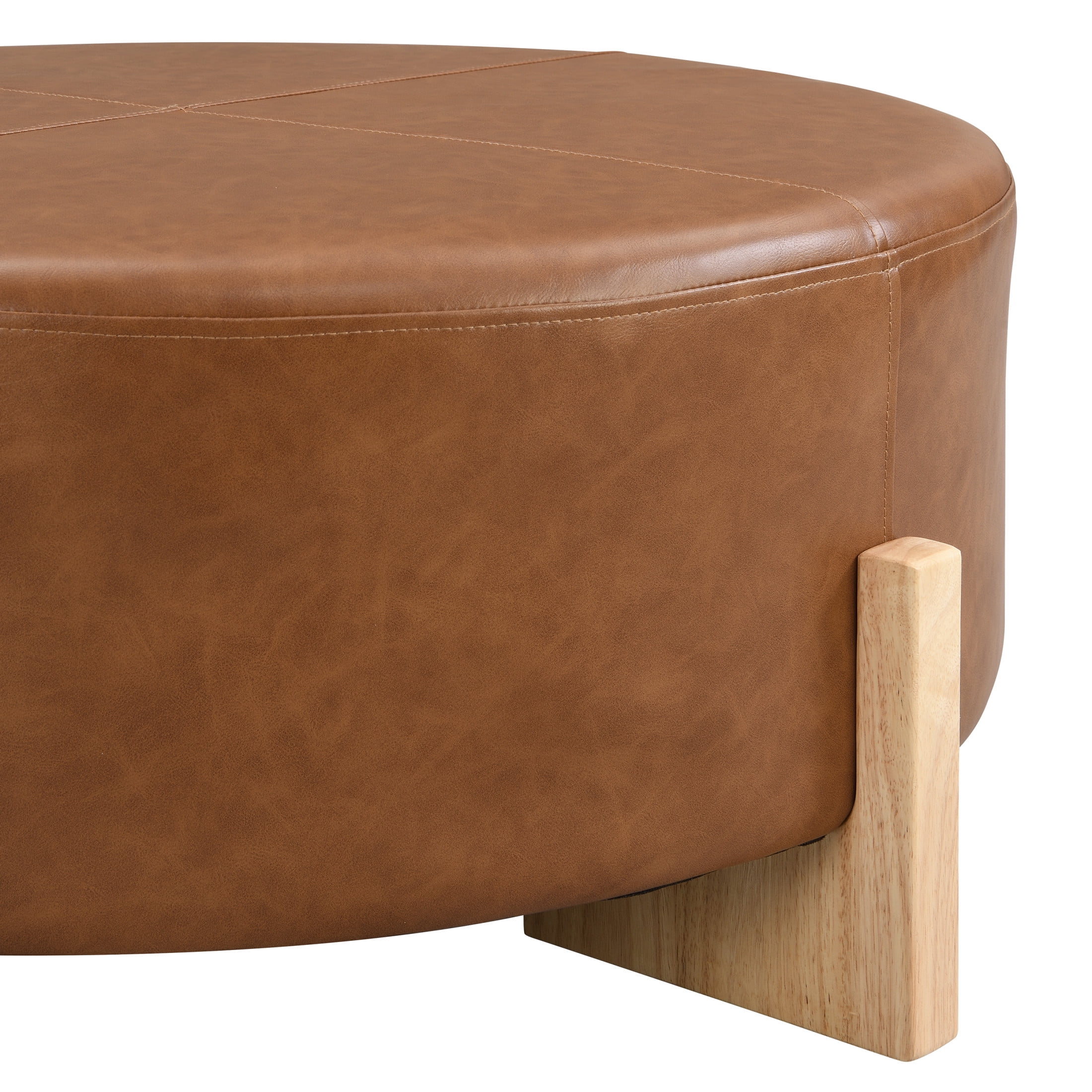Christopher Knight Home Modern 34" Round PU Leather Ottoman with Solid Wood Legs, Multi-Functional Footstool & Coffee Table, Brown