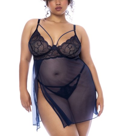 Mapale Enticing Glamour Babydoll with Thong PLUS (7555X),1X/2X,Midnight Blue