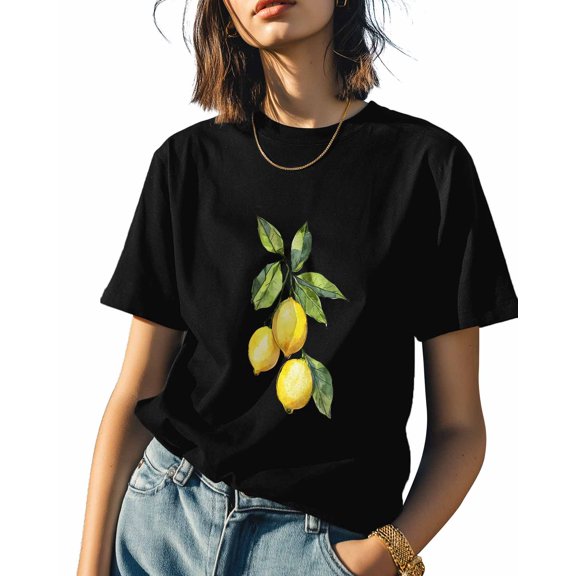 Yellow Lemon Womens Tshirt Graphic Tees Cotton Crew Neck T-Shirts, Casual Short Sleeve Shirts for Women Teen Girl