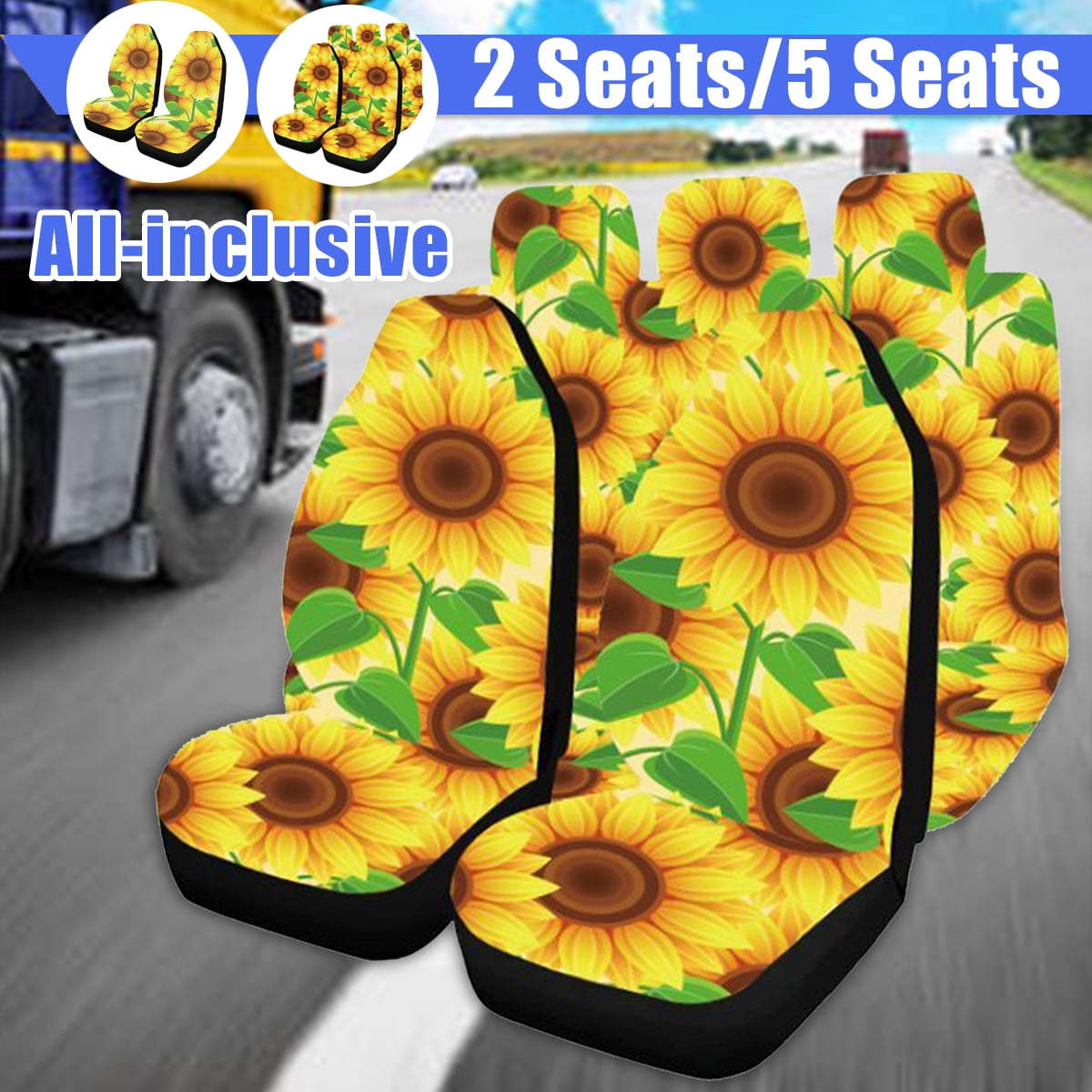 2 Seat/5Seats Cover Sunflower Printed Car Seat Covers Polyester Front & Rear Head Rests Full
