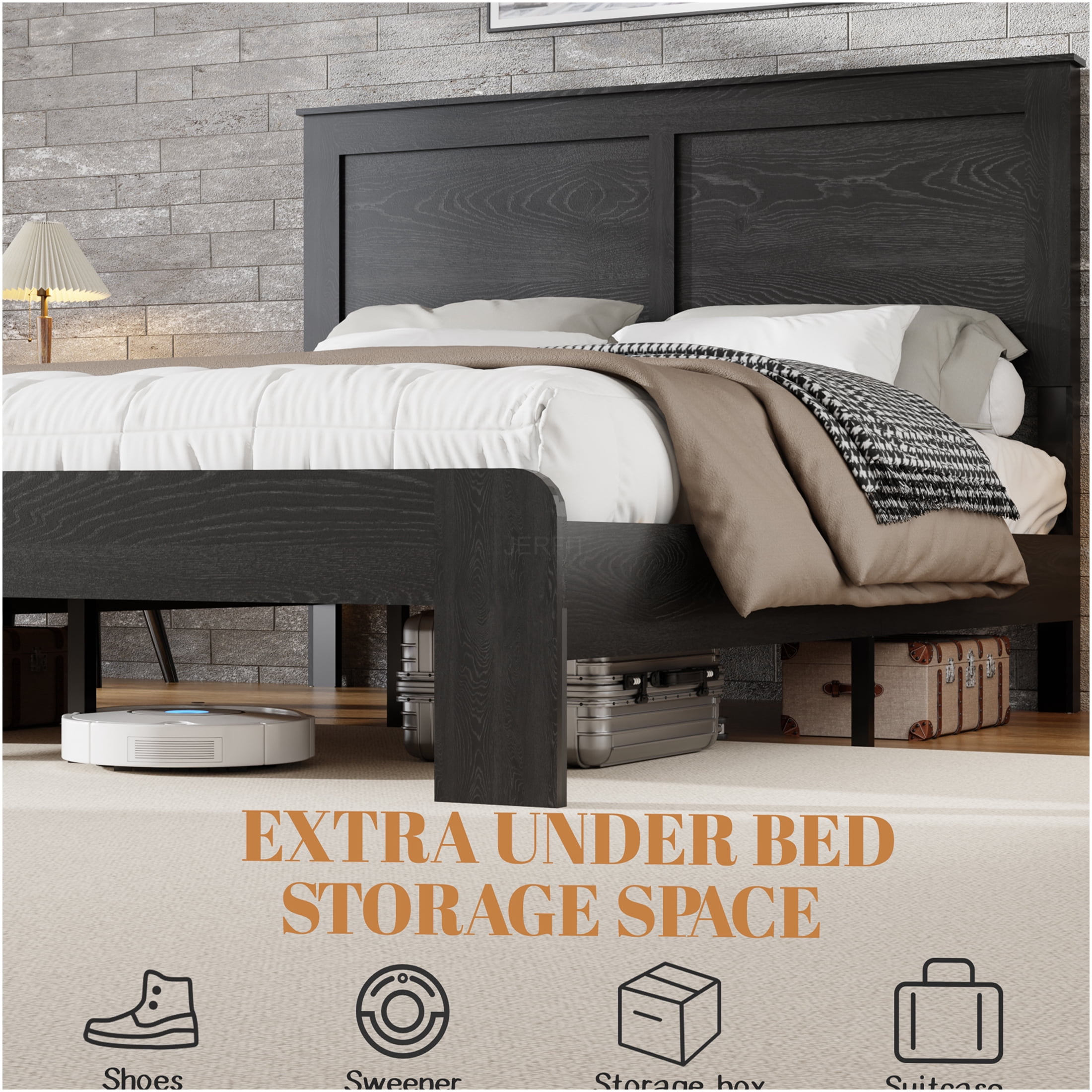 JERFIT King Size Bed Frame with Storage, Antique Black Wood Platform Bed, Noise Free Heavy Duty Metal Frame, No Box Spring Needed, Easy Assembly Tool
