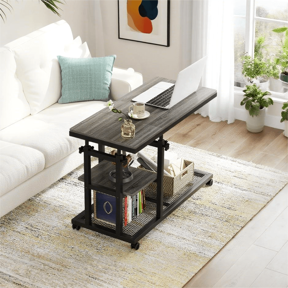 Fnova Mobile Side Table with Wheels, Snack Tray, Height-Adjustable C-Shape Desk, Tiltable Drawing Board, Laptop Stand, Storage Shelves for Living Room, Bedside Table for Couch