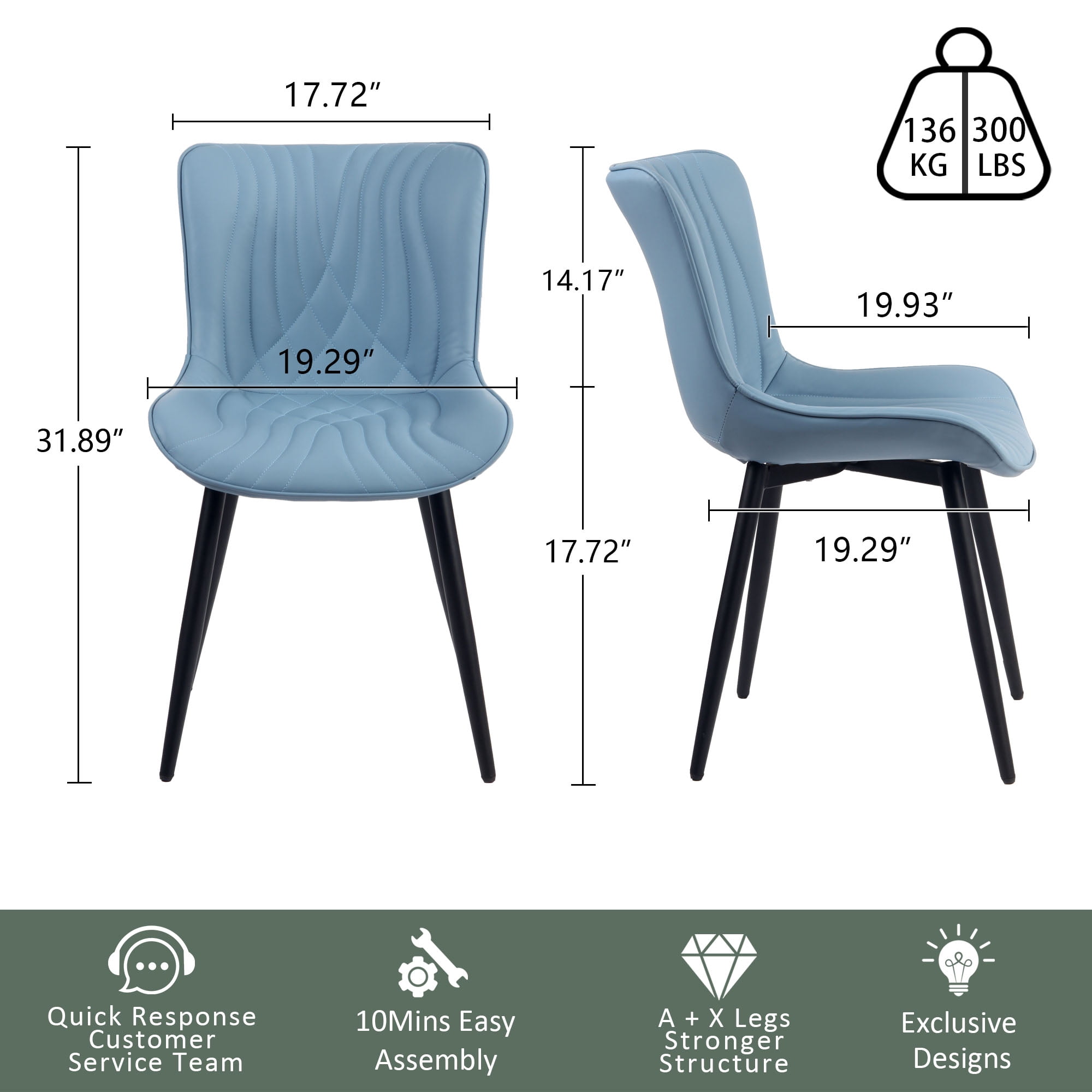 YOUNIKE Modern Dining Chairs with Metal Legs Set of 2 Upholstered Kitchen Dinner Side Chair, Blue