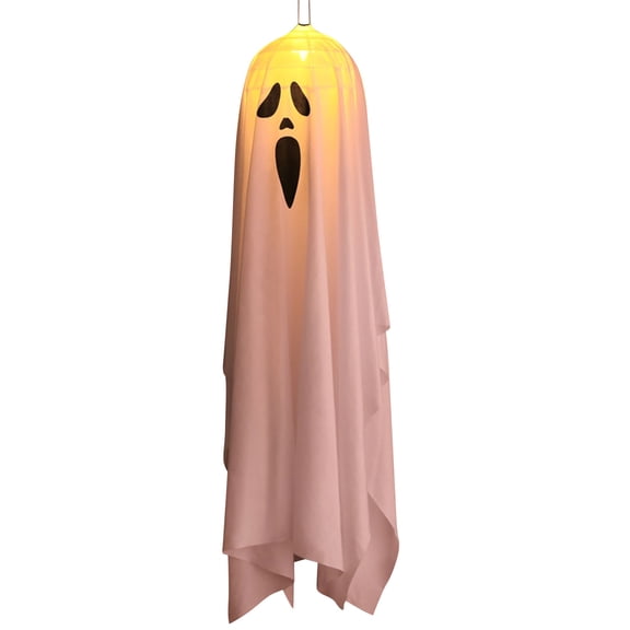 Decorr Pink Hanging Ghosts Halloween Decor, 35" LED Glowing Fabric Floating Ghost Ornament, Spooky Surprised Face Phantom Light, Halloween Decorations for Tree Porch Fireplace Indoor Outdoor