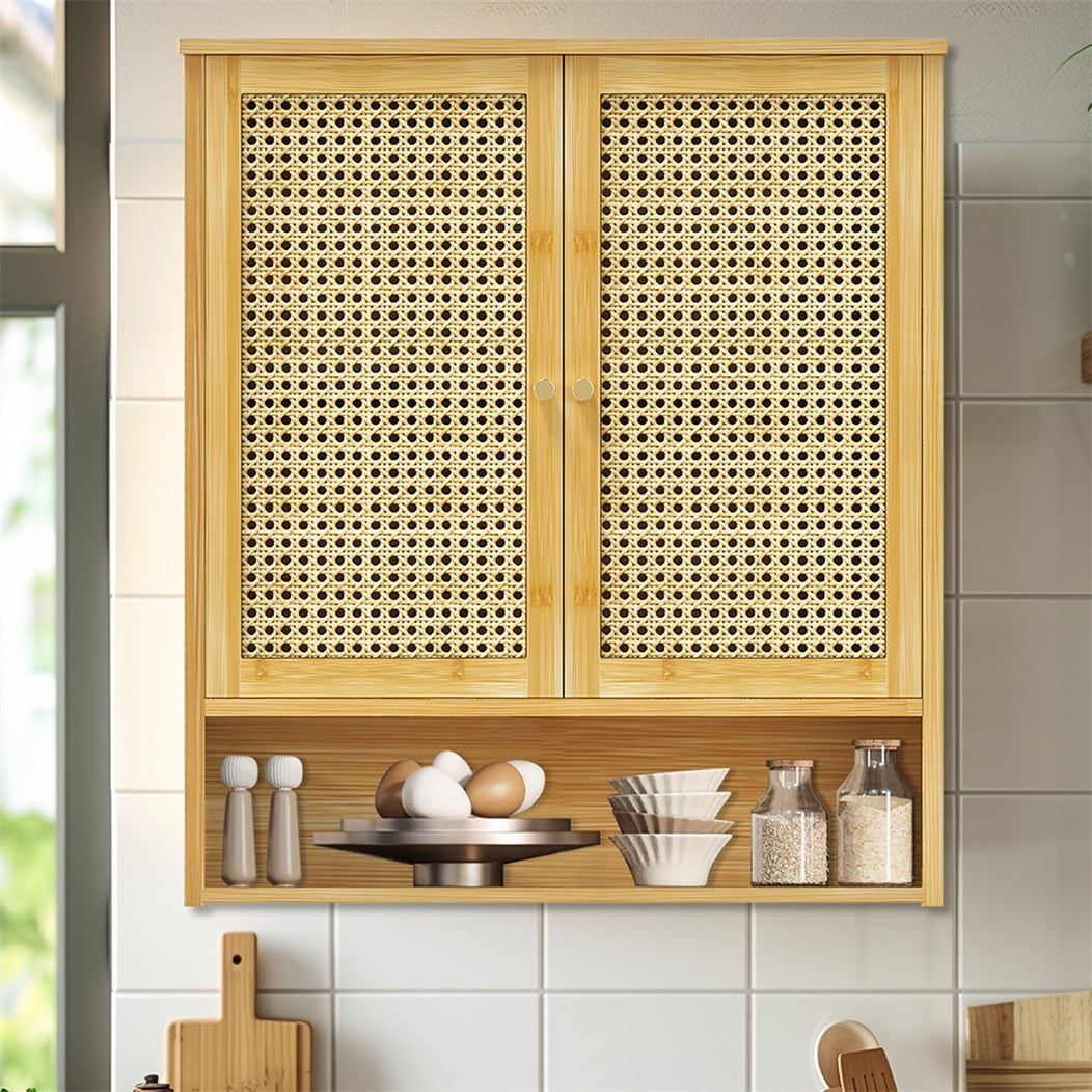 LUVODI Bamboo Bathroom Medicine Cabinet Wall Mounted Rattan Storage Cabinet for Small Spaces Laundry