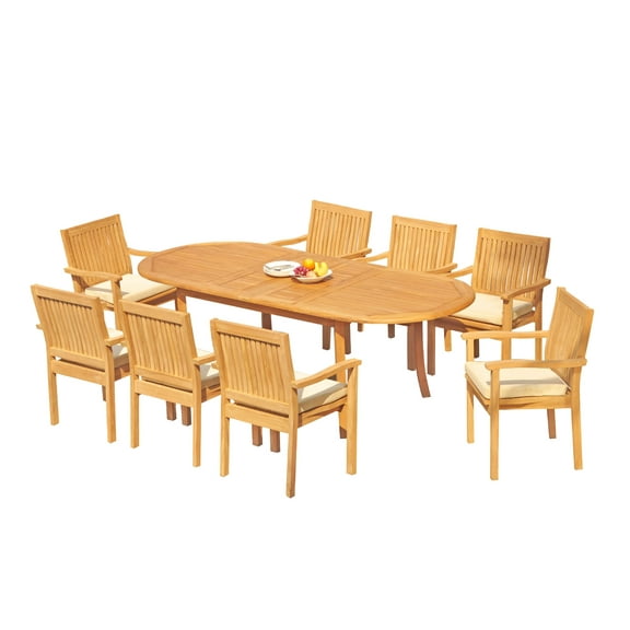 Grade-A Teak Dining Set: 8 Seater 9 Pc: 94" Oval Table And 8 Leveb Stacking Arm Chairs Outdoor Patio WholesaleTeak #51LV2209