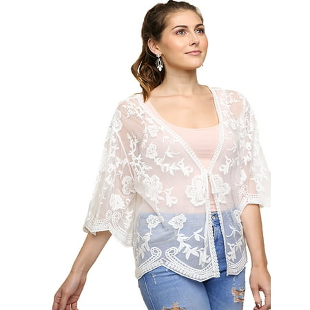 Mesh Kimono - White Sheer Floral Embroidered Mesh Kimono
