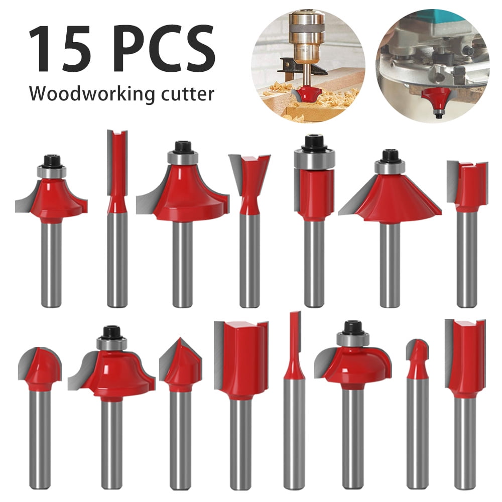15-PC Router Tip Bit Set 1/4" Shank Wood Work Power Tools Shop Carbide 