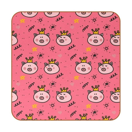

OWNTA Pig Animal Crown Pattern Premium 6-Piece Square Coaster Set in Microfiber Leather - Non-Slip & Absorbent Cup Mats