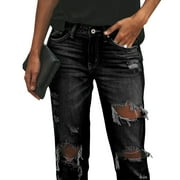 Women's Ripped Boyfriend Jeans Loose Fit Distressed Stretchy Denim PantsBlack L