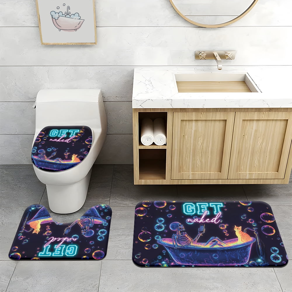 4pcs Neon Skull Shower Curtain Set Funny Skeleton in Bathtub with Cat Colorful Gothic Halloween Bathroom Decor