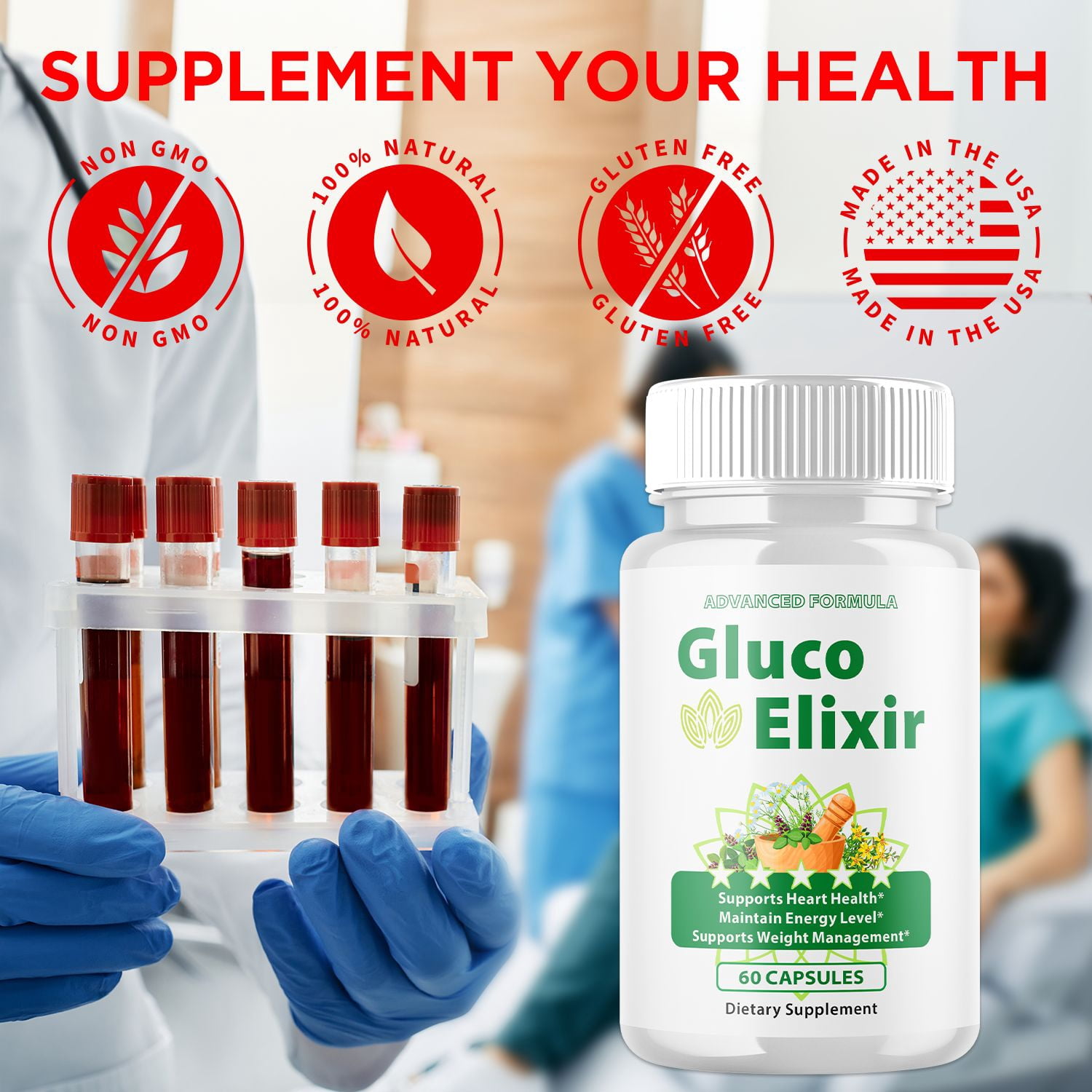 Gluco Elixir Blood Support Pills Advanced Formula Vitamin Supplement GlucoElixir 180 Capsules