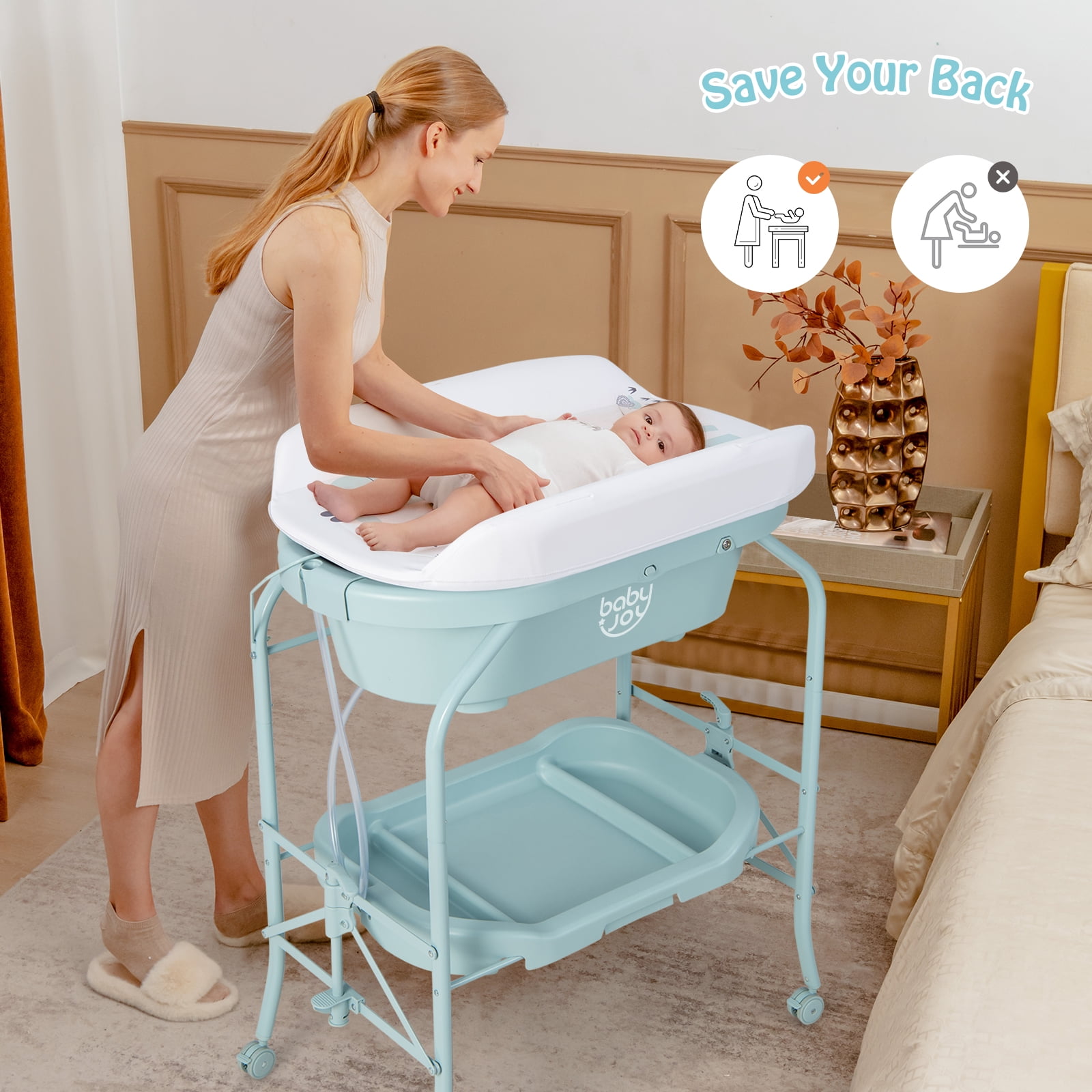 Infans Baby Changing Table w/Bathtub, Folding & Portable Diaper Station w/Wheels Blue