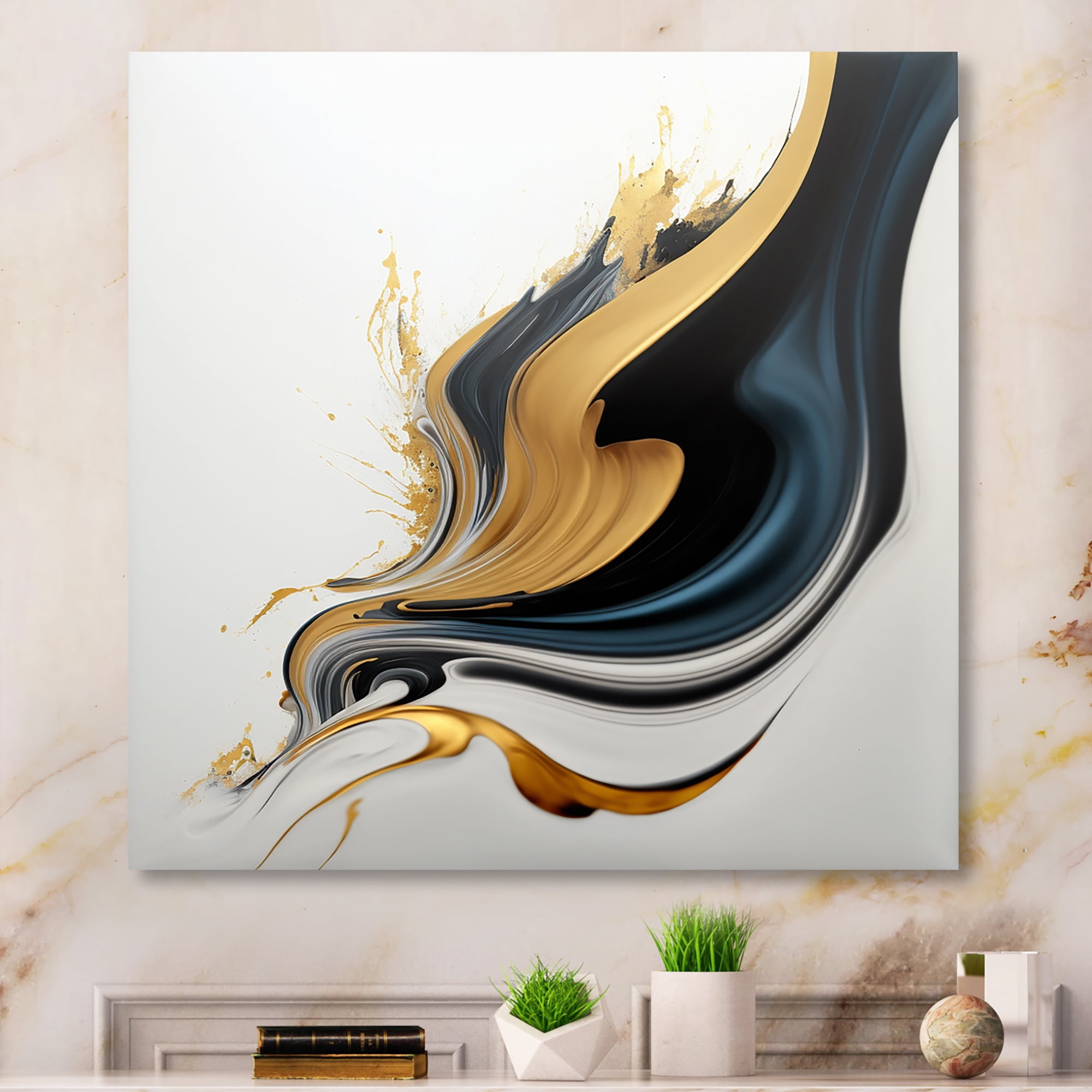Designart Black, White And Gold Liquid Art III Canvas Wall Art