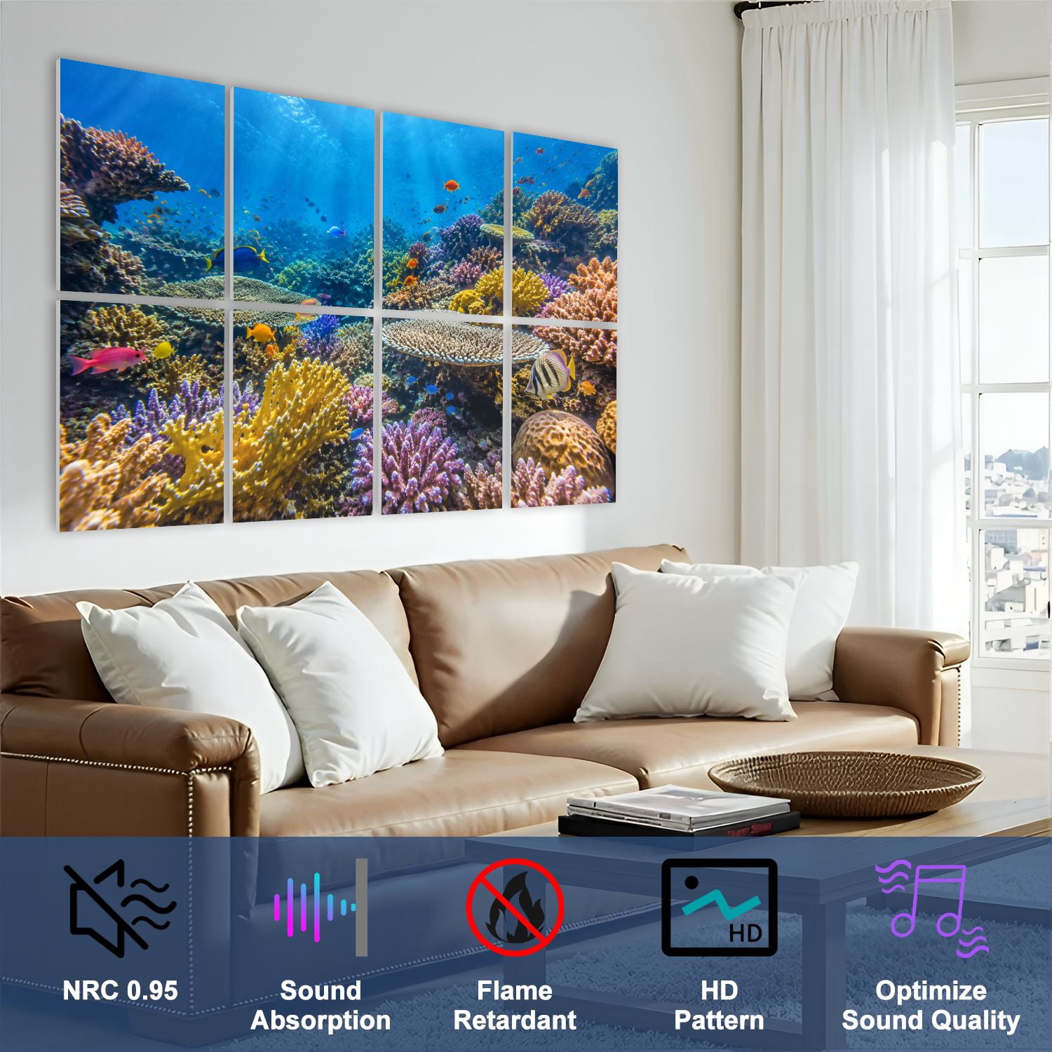 8 Pack Art Acoustic Panels Sound Absorbing Tropical Fish Decorative Soundproof Wall Panels Self Adhesive for Nursery Game Room Bedroom 48"x32"