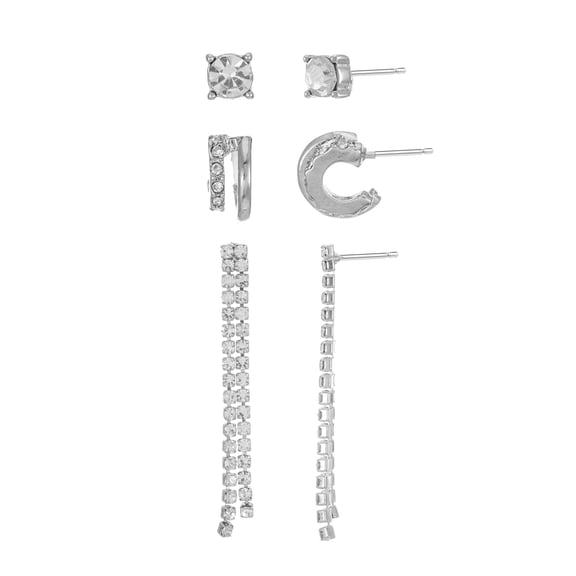 Time and Tru Women's Silvertone Earring Set, 3 Pairs