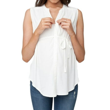 

Flmtop Solid Color Maternity Blouse Sleeveless V Neck Irregular Nursing Shirt with Belt