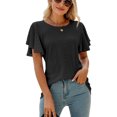 thumbnail image 1 of Camiseta de mujer con volantes de manga corta y cuello redondo ahuecada de Color puro blusa informal para mujer para citas en el trabajo diario, 1 of 8