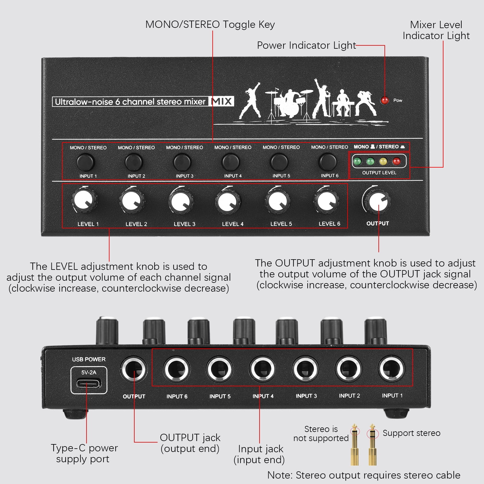 Audio Mixer,Shell Usb Type-c Mono/6.5 Dual Channels Stereo Line 6-channel Audio Stereo 6.35mm Mono/6.5 Dual Usb Type-c Metal Shell Usb Buzhi Channels Mer D Keyboa 6.35mm Rusuo