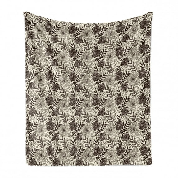 Botanical Soft Flannel Fleece Blanket, Floral and Leaves Ornaments Peony Vintage Tones Repetitive Illustration, Cozy Plush for Indoor and Outdoor Use, 60" x 80", Dark Cocoa Eggshell, by Ambesonne