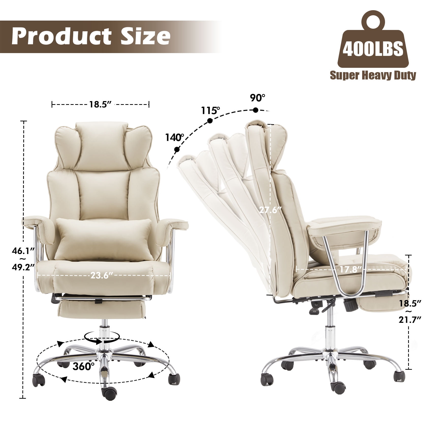 zzw Big and Tall Executive Office Chair, Reclining with Footrest, Adjustable High Back Ergonomic Leather Chair, 400lb Capacity