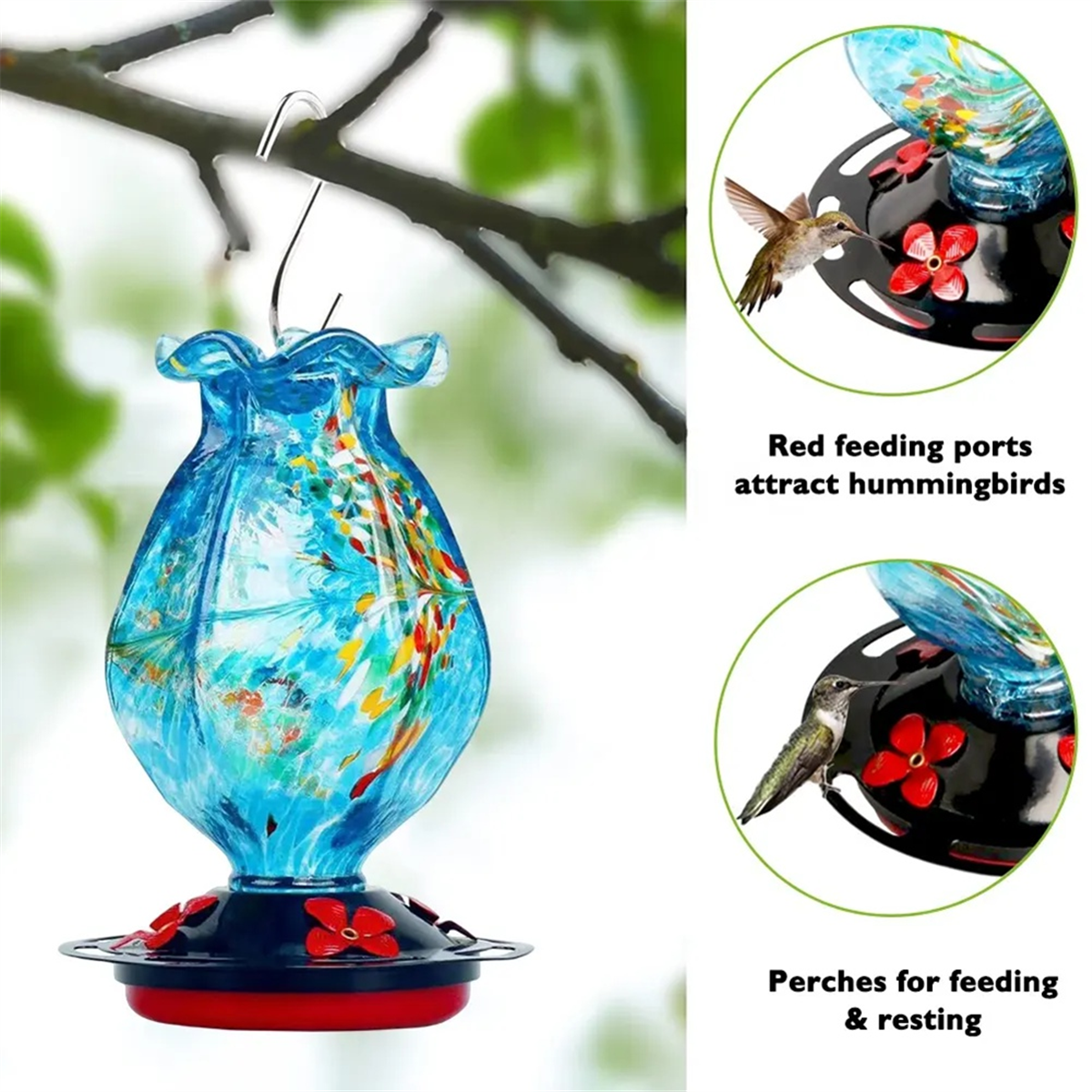 Garden Hummingbird Feeder for Outdoors 1 Pack, Hand Blown Glass Bundle Ocean Mermaid and Blue