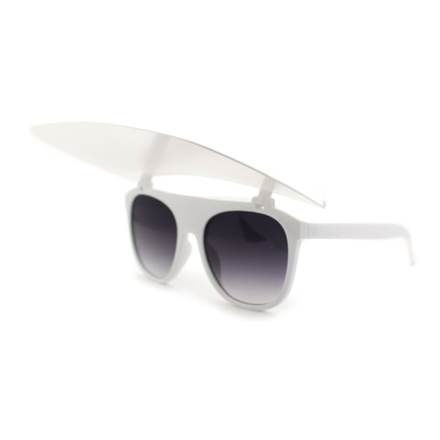 Womens Large Flip Up Visor Flat Top Horn Rim Plastic Sunglasses White Smoke