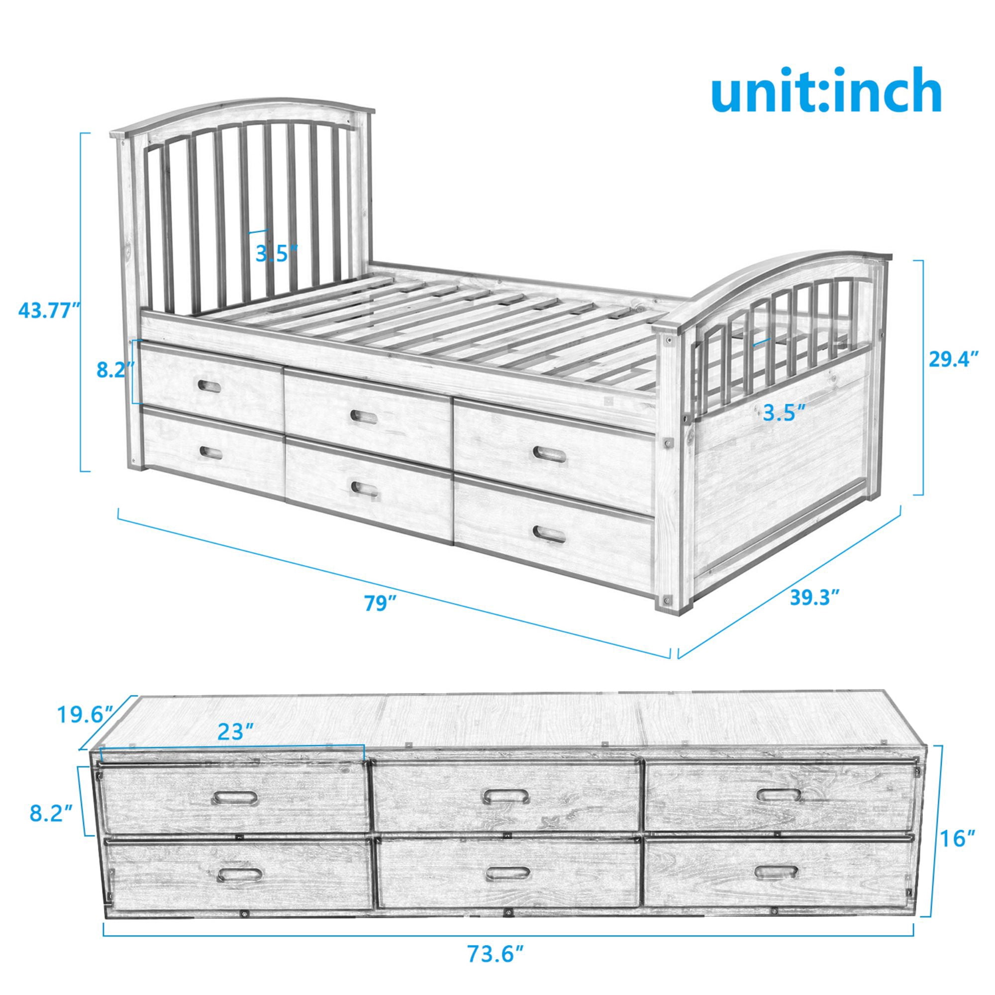 Aukfa 6 Drawers Platform Storage Bed, Solid Wood Captain Bed, Twin Size - Oak
