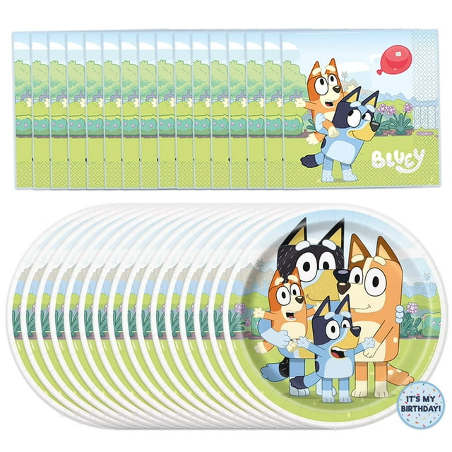Party Supplies Bluey Birthday Serves, 16 unidades, con platos y servilletas