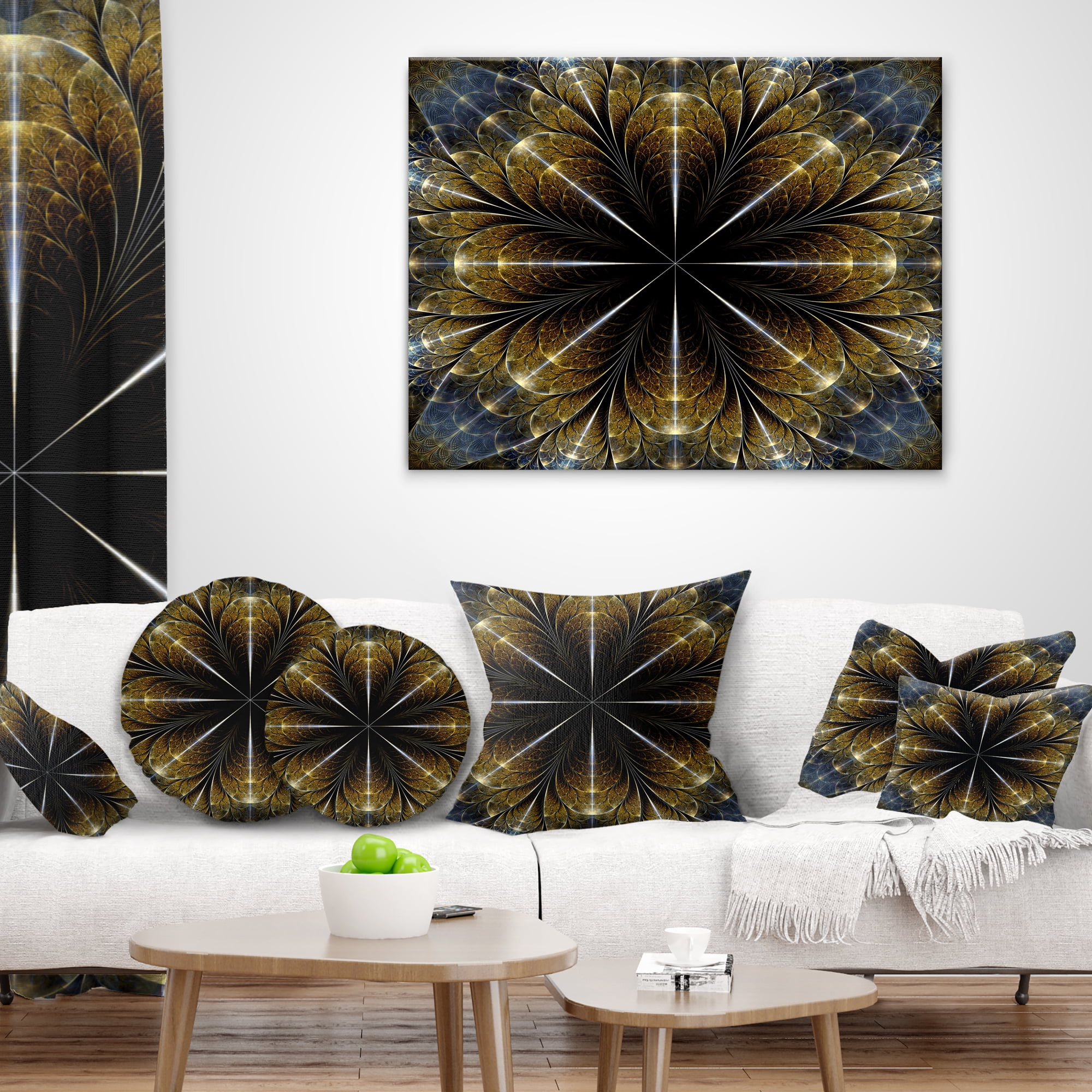 Designart Symmetrical Gold Fractal Flower - Abstract Throw Pillow - 18x18