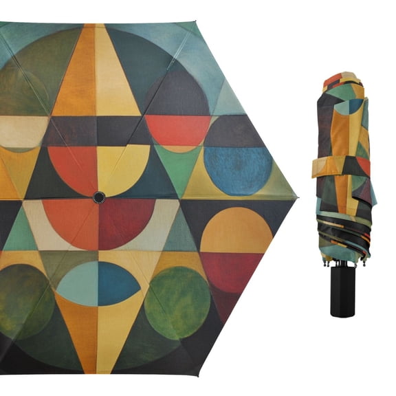 Triangles in Circle Abstract Pattern All Weather Umbrella Triple Folding Parasol 6 Ribs UV Protection Portable