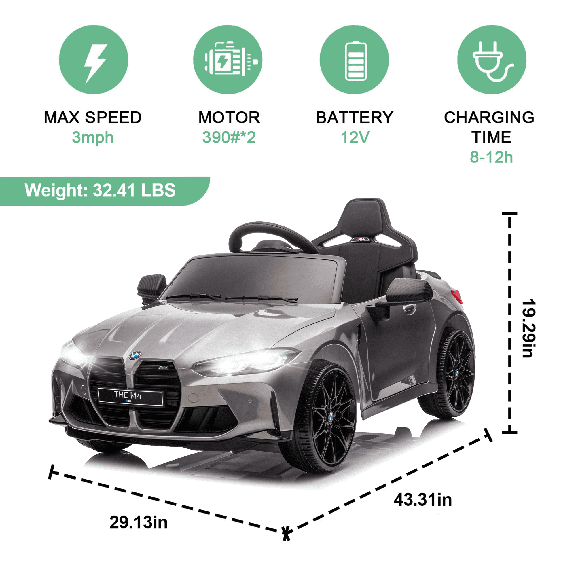 BMW M4 24V Kids Ride On Toy Car with Remote Control, Toddler Electric Car with 3 Speeds,USB,MP3,Bluetooth,LED Lights,Battry Powered Ride On Car For Kids Aged 2+,Silver