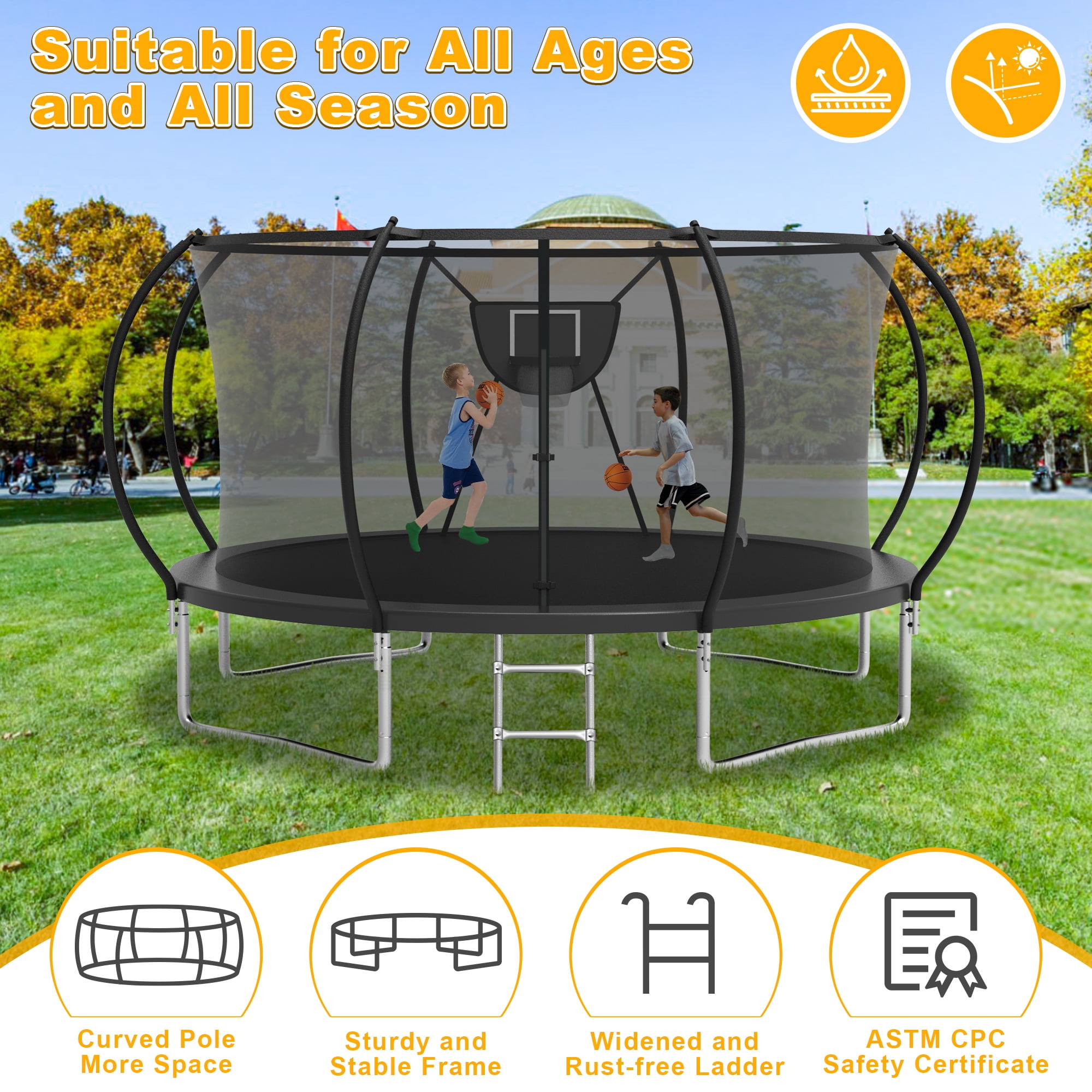XMIKA Trampoline, 1200LBS 12FT Trampoline for 1-2 Adults/ 4-5 Kids, Trampoline with Enclosure Net, Basketball Hoop, Ladder, Light, Sprinkler, Backyard Outdoor Heavy Duty Trampoline, No Gap Design
