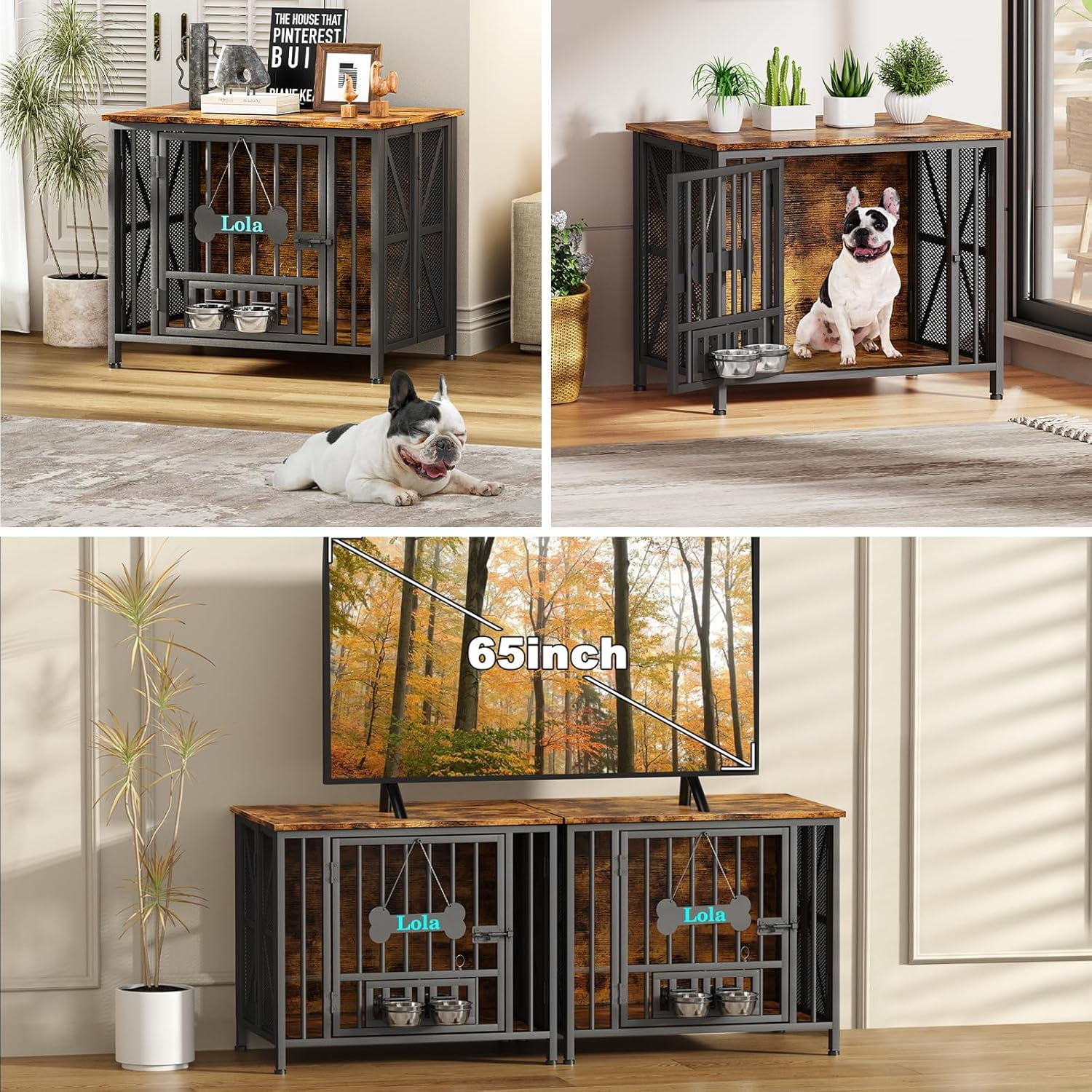POAO 31.5" Assembly-Free Dog Crate Furniture for Small Dog, Foldable Dog Kennel Indoor with Tag & Adjustable Bowls, Dog Cage Use as End Table, Brown