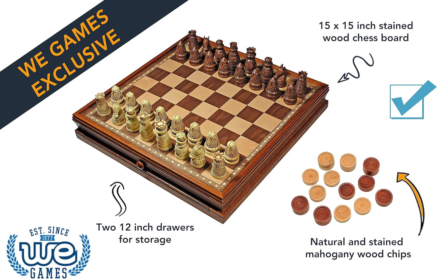 WE Games Medieval Chess & Checkers Wood Game Set - Wood - 15 in.