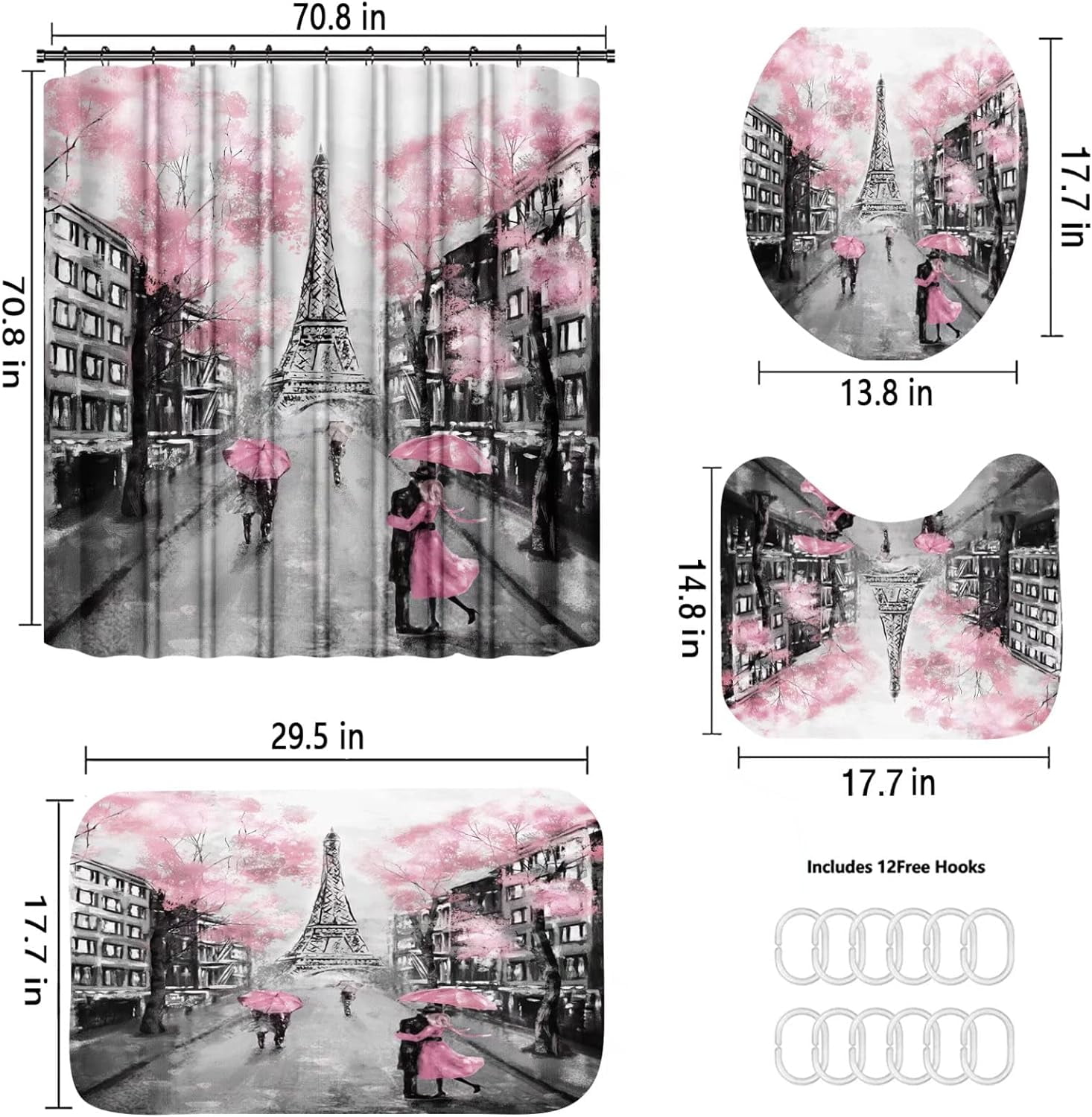 4Pcs Paris Eiffel Tower Pink Shower Curtain Sets Bathroom Set Decor with Non-Slip Rugs Bath U-Shaped Mat Toilet Lid Cover Waterproof Valentine Bathroom Curtains Shower Set with 12 Hooks
